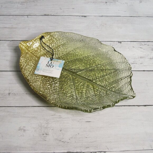 LU MO Hand Crafted Turkish Glass Autumn Leaf Serving Platter Green Gold - Picture 1 of 6